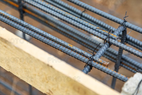 New steel rebar framing abstract at construction site