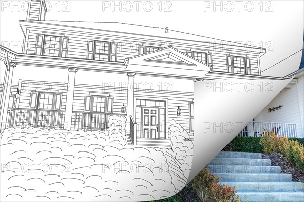 House drawing page corner flipping with photo behind