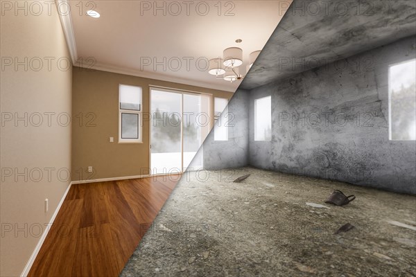 Unfinished raw and newly remodeled room of house with finished wood floors
