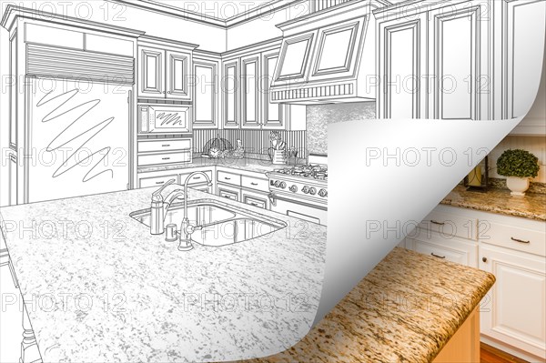 Kitchen drawing page corner flipping with photo behind