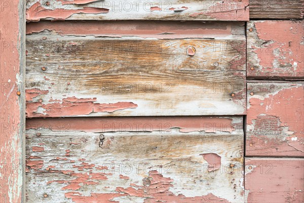 Weathered wood panel wall with peeling paint textured background