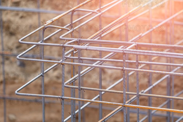 New steel rebar framing abstract at construction site