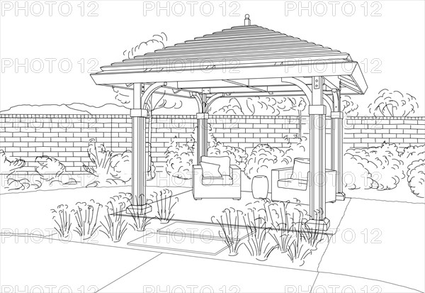 Illustration of beautiful pergola in back yard