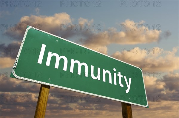 Immunity green road sign with dramatic clouds and sky