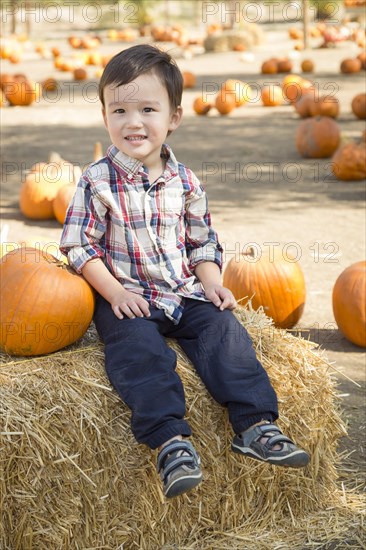 Cute mixed-race young boy having fun at the pumpkin patch