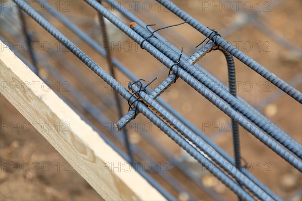 New steel rebar framing abstract at construction site