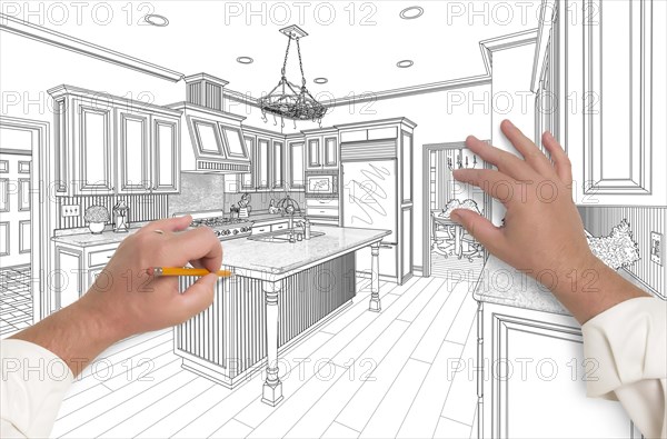 Male hands sketching with pencil the outline of a beautiful custom kitchen