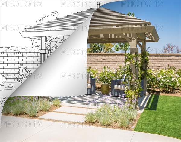 Completed pergola photo with page flipping to drawing behind