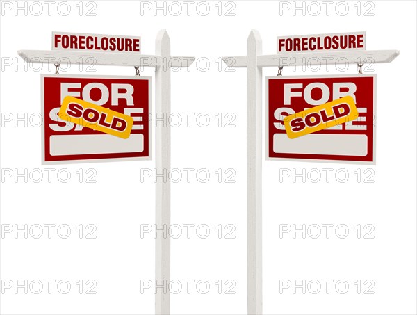 Pair of left and right facing sold foreclosure for sale real estate signs with clipping path isolated on white