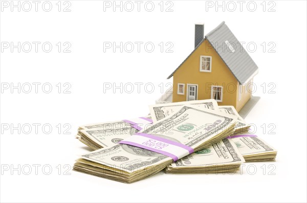 Home and stacks of money isolated on a white background