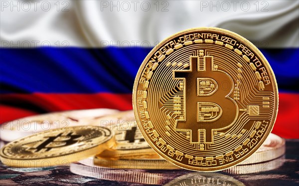 Bitcoin coin with russian flag in the background