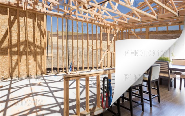 Kitchen construction framing with page corner flipping to completed photo