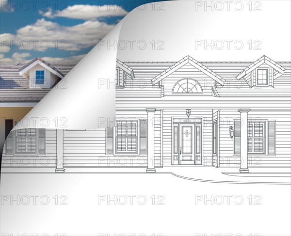 House drawing page corner flipping with photo behind