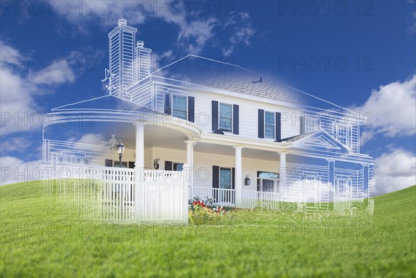 Beautiful custom house drawing and ghosted house above grass field