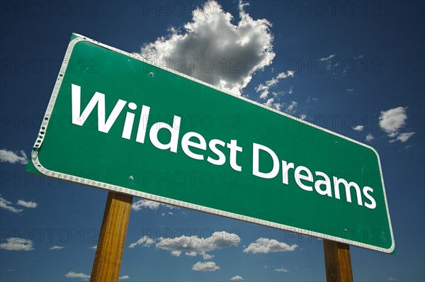 Wildest dreams green road sign over dramatic clouds and sky