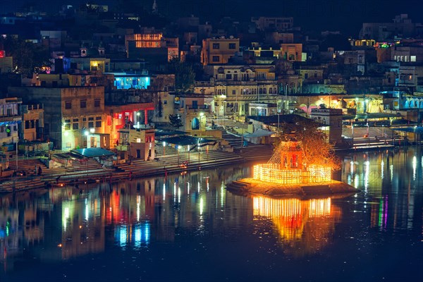 View of famous indian hinduism pilgrimage town sacred holy hindu religious city Pushkar with Brahma temple