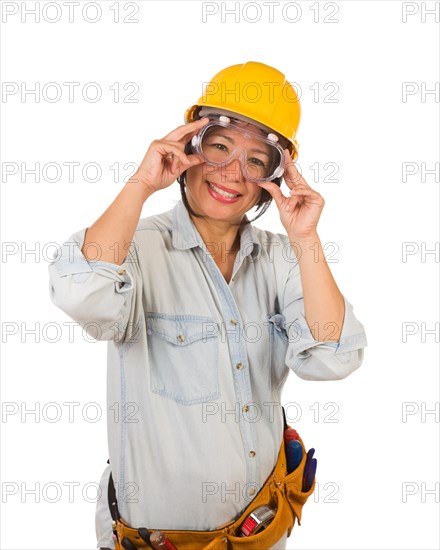 Hispanic female contractor wearing goggles