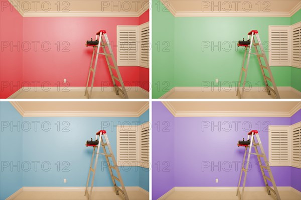 Set of empty rooms painted in variety of colors with ladder