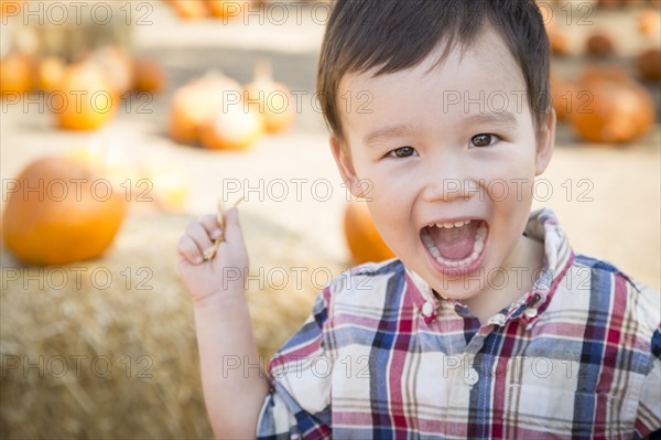 Cute mixed-race young boy having fun at the pumpkin patch