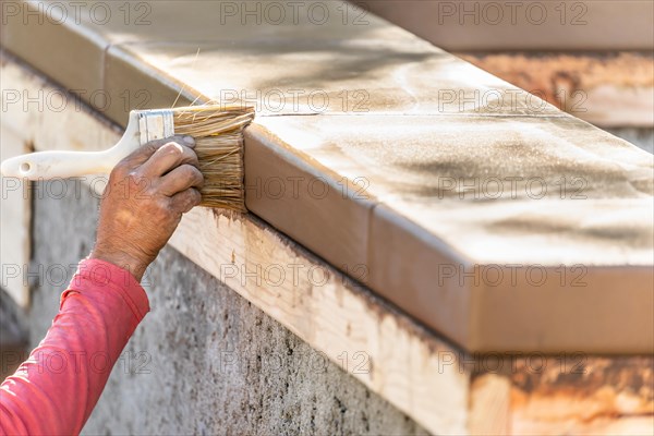 Construction worker using brush on wet cement forming coping around new pool