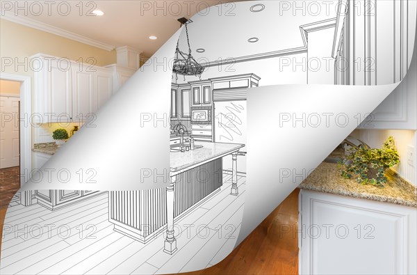 Kitchen drawing page corners flipping with photo behind