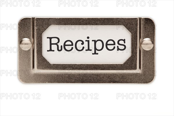 Recipes file drawer label isolated on a white background