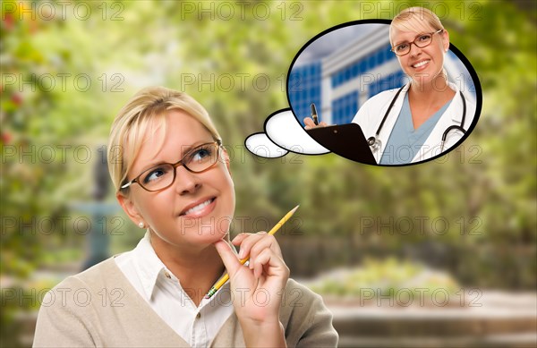 Thoughtful young woman with pencil and herself as nurse or doctor in thought bubble