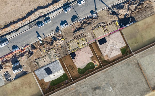 Drone aerial view cross section of home construction site