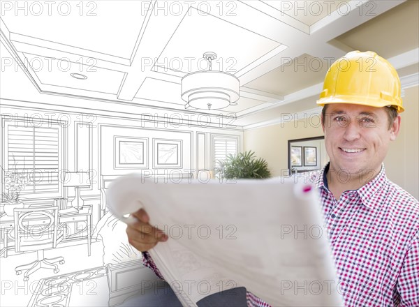 Smiling contractor in hard hat with roll of plans over custom bedroom drawing and photo combination