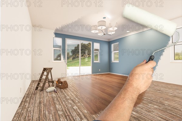 Before and after of man painting roller to reveal newly remodeled room with fresh blue paint and new floors