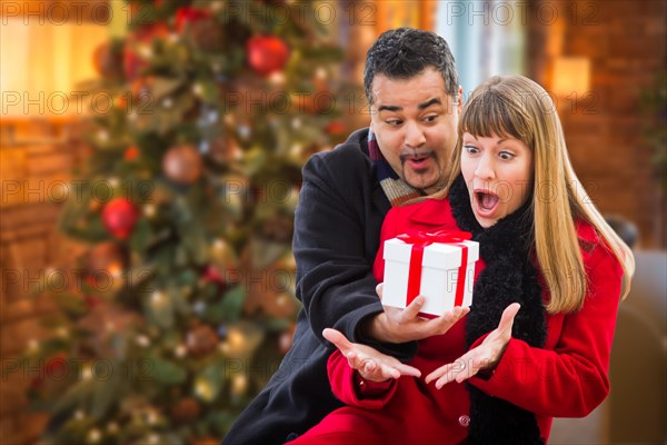 mixed-race couple sharing christmas in front of decorated tree