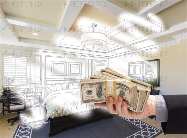 Man handing over stack of money above bedroom drawing photograph combination