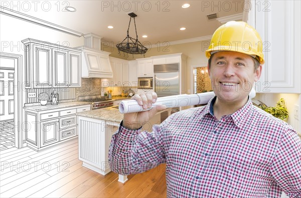 Smiling contractor in hard hat with roll of plans over custom kitchen drawing and photo combination