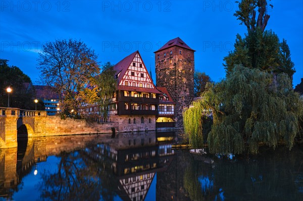 Nuremberg city houses on riverside of Pegnitz river from Maxbrucke