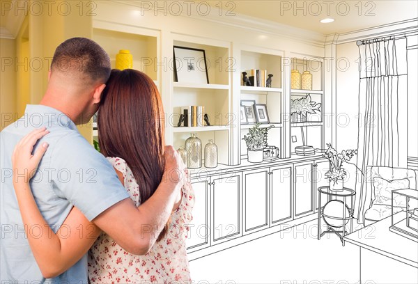 Young military couple facing custom built-in shelves and cabinets design drawing gradating to finished photo