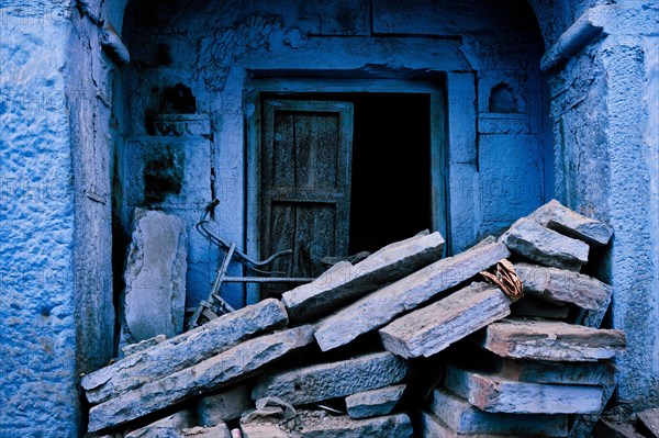 Blue house facade in streets of of Jodhpur