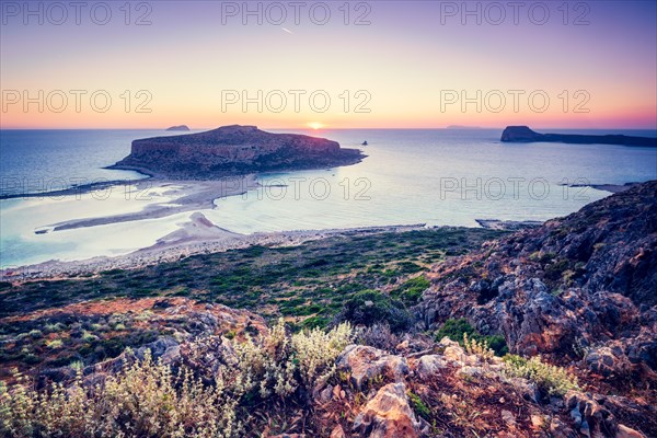 Island Gramvousa and the beautiful Balos beach on sunset in Crete island