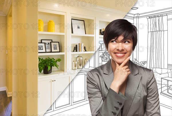 Young woman over custom built-in shelves and cabinets design drawing to cross section of finished photo