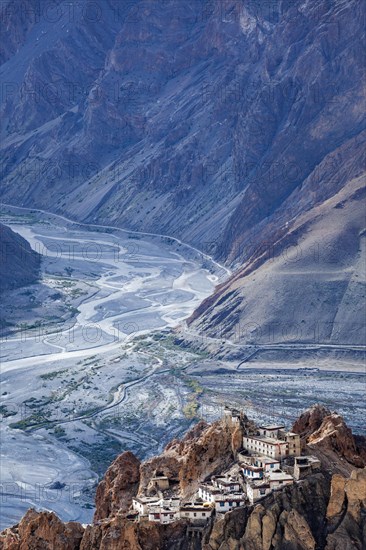 Famous indian tourist landmark Dhankar monastry perched on a cliff in Himalayas. Dhankar