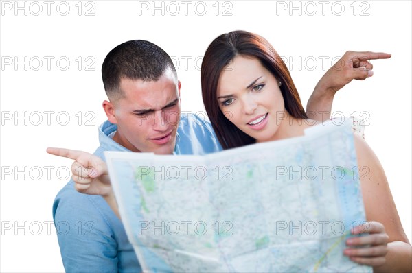 Young lost and confused military couple looking at map isolated on white