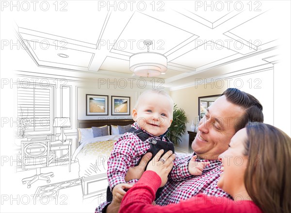 Happy young family with baby over custom bedroom drawing and photo combination