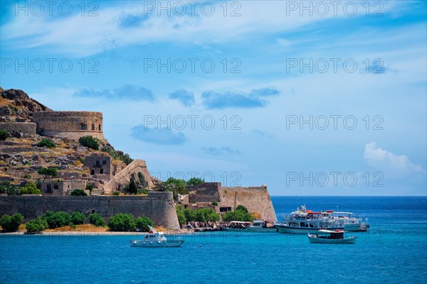 Island of Spinalonga with old fortress former leper colony and the bay of Elounda