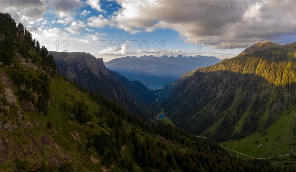 Aerial view high above the Murg valley towards Lake Walen and the Churfirsten