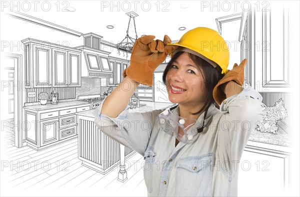 Pretty hispanic woman in hard hat and gloves with kitchen drawing behind