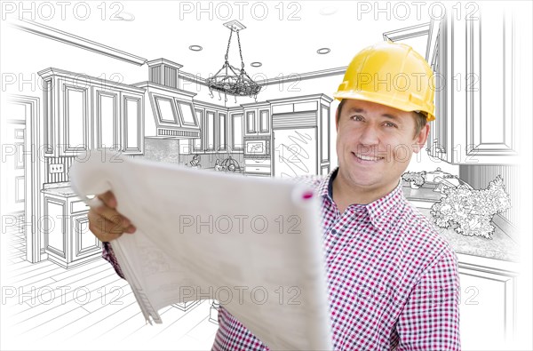 Smiling contractor holding blueprints over custom kitchen drawing