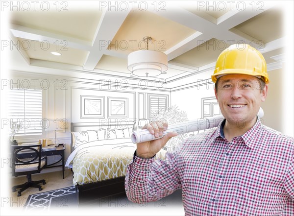 Smiling contractor in hard hat with roll of plans over custom bedroom drawing and photo combination