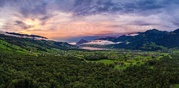 Aerial view over the village of Giswil and Lake Sarnen in the canton of Obwalden