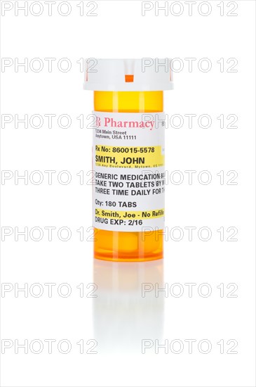 One non-proprietary medicine prescription bottle isolated on a white background