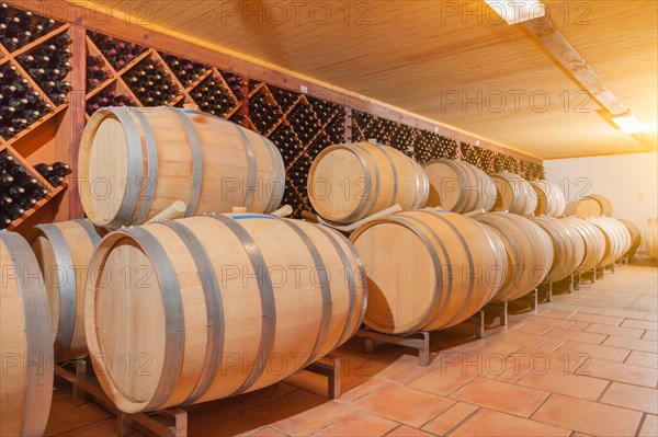 Wine barrels and bottles age inside dark cellar