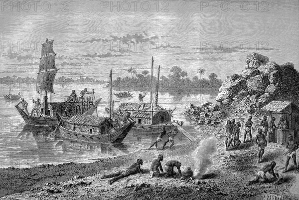 Boats and boatmen on the Ganges in 1880